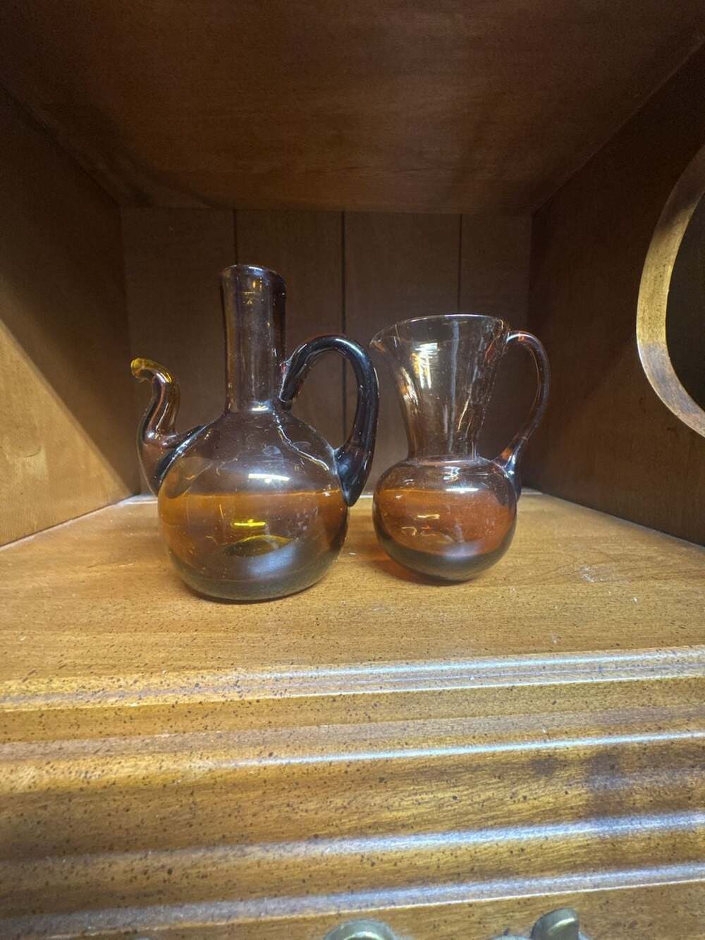 Set of Two Vintage Amber Glass Cruets with Side Spouts and Handles